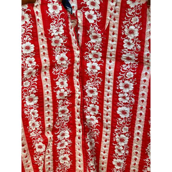 Vintage 60s Lady Marlboro Red White Floral Western Boho Long Sleeve Blouse Small - Picture 4 of 8